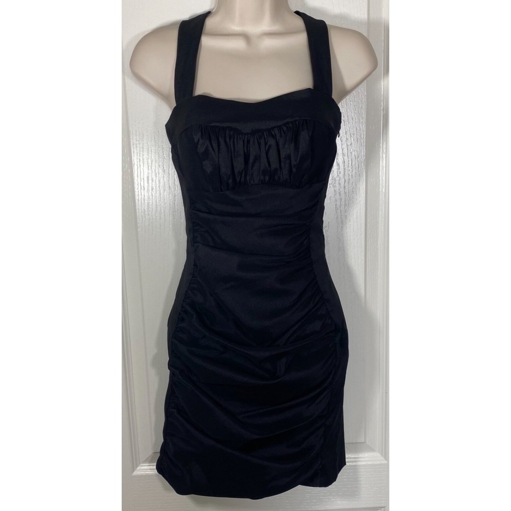 Vtg Jessica McClintock‎ Dress Womens 4P Black Sweetheart Ruched Strappy Back y2K